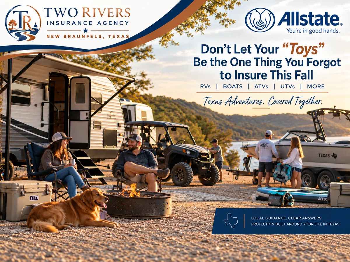Texas Hill Country fall scene with an RV, boat, ATV, and family enjoying an outdoor getaway near Canyon Lake.