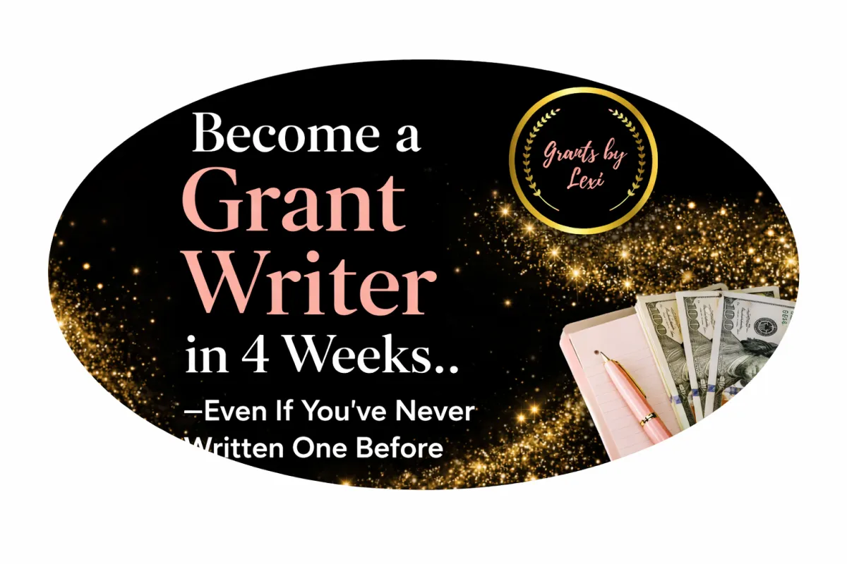 Professional writing a grant proposal in a calm pastel-toned workspace