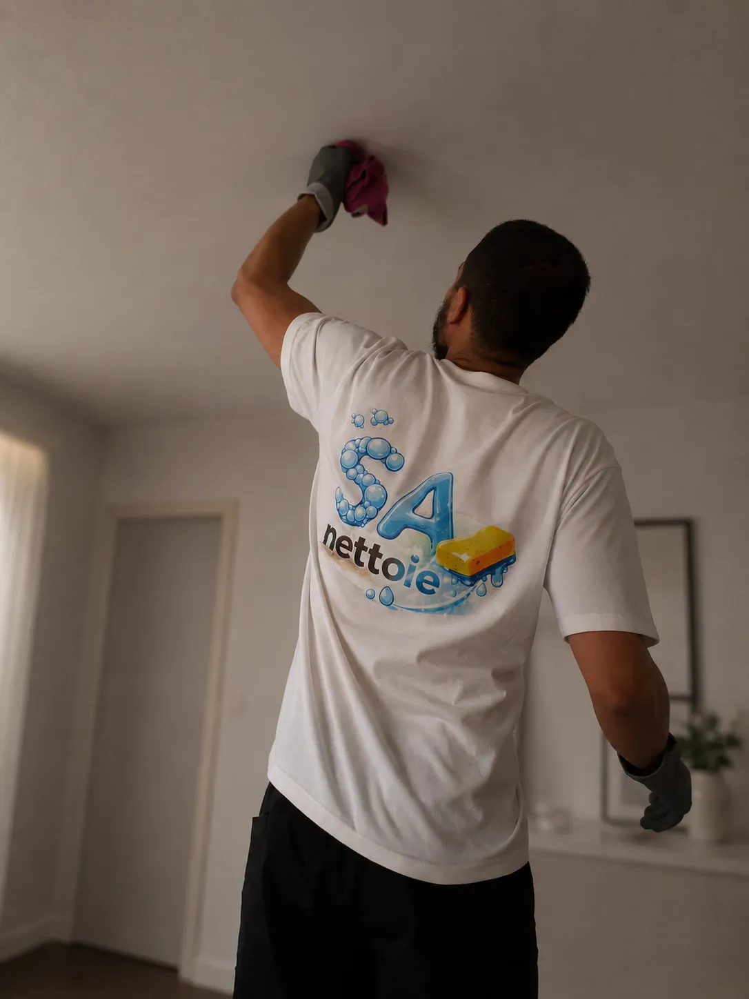 Service de nettoyage intérieur avec lavage des murs d’appartement par une entreprise de nettoyage professionnelle.