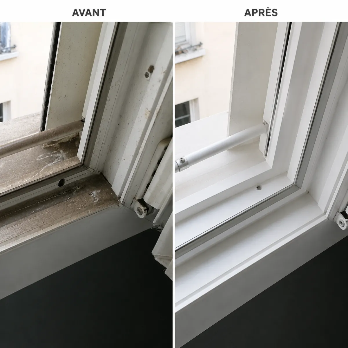 Avant après nettoyage d'une fenêtre très encrassée par l'entreprise de nettoyage SA nettoie.