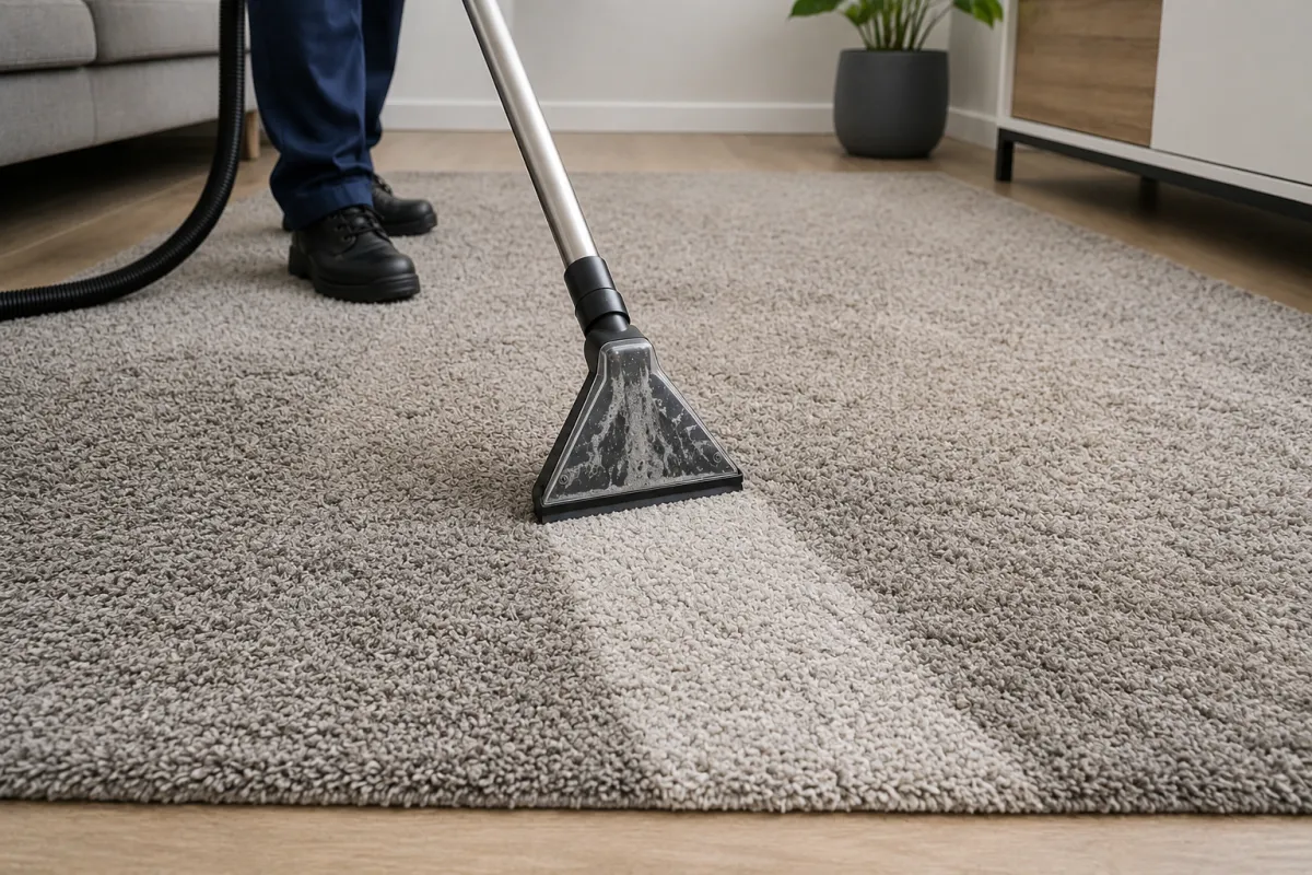 Service de nettoyage de tapis en profondeur à l’injecteur-extracteur permettant d’éliminer les taches incrustées et de restaurer la propreté du textile.