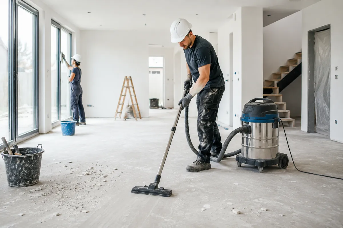 Intervention de nettoyage après travaux avec machine monobrosse pour éliminer les résidus de chantier et nettoyer les sols en profondeur.
