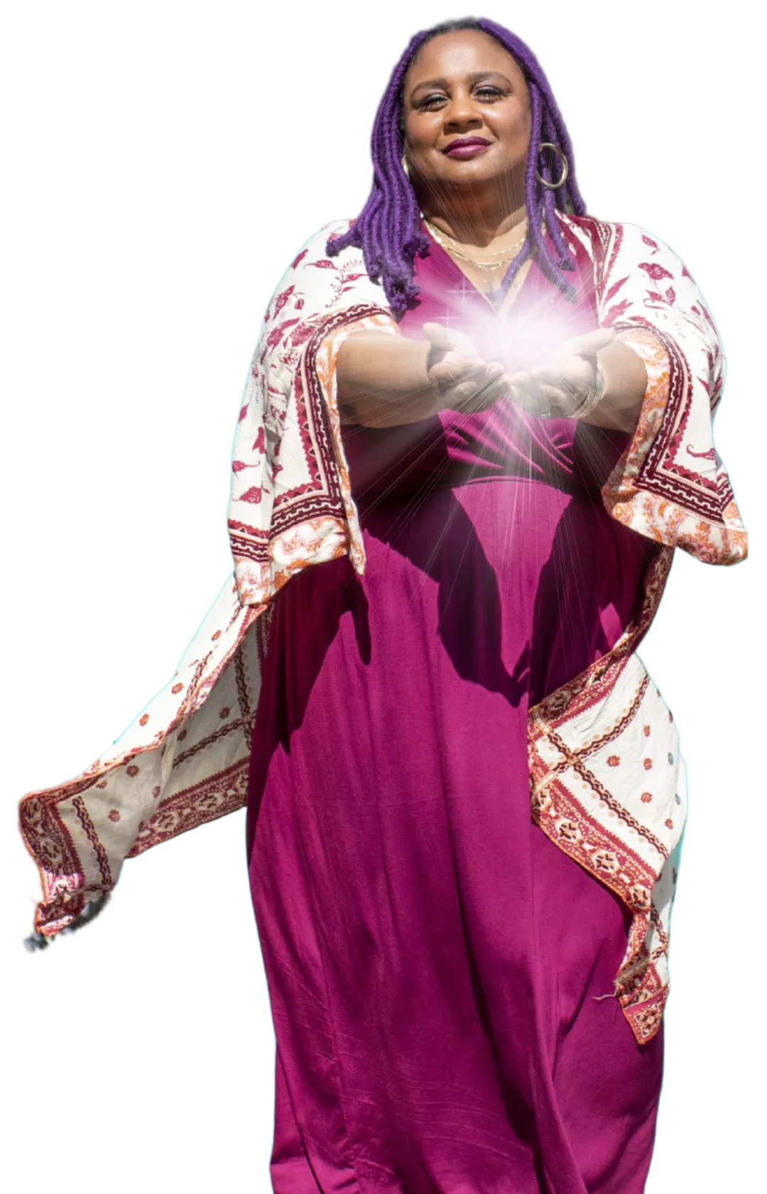 Africa Archield offering support with cupped hands in a magenta dress outdoors