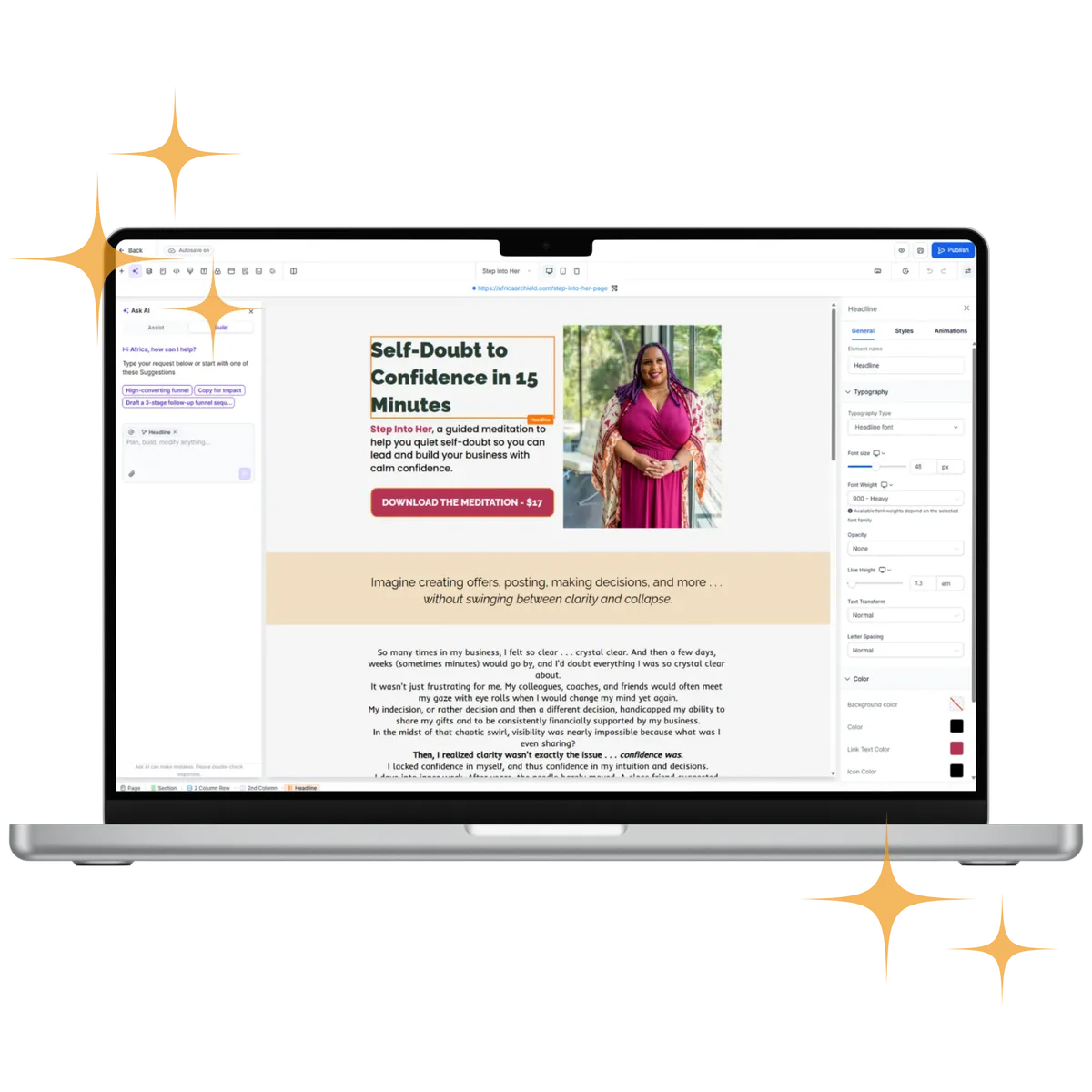 Divine Systems drag-and-drop website builder showing a sales page being created live