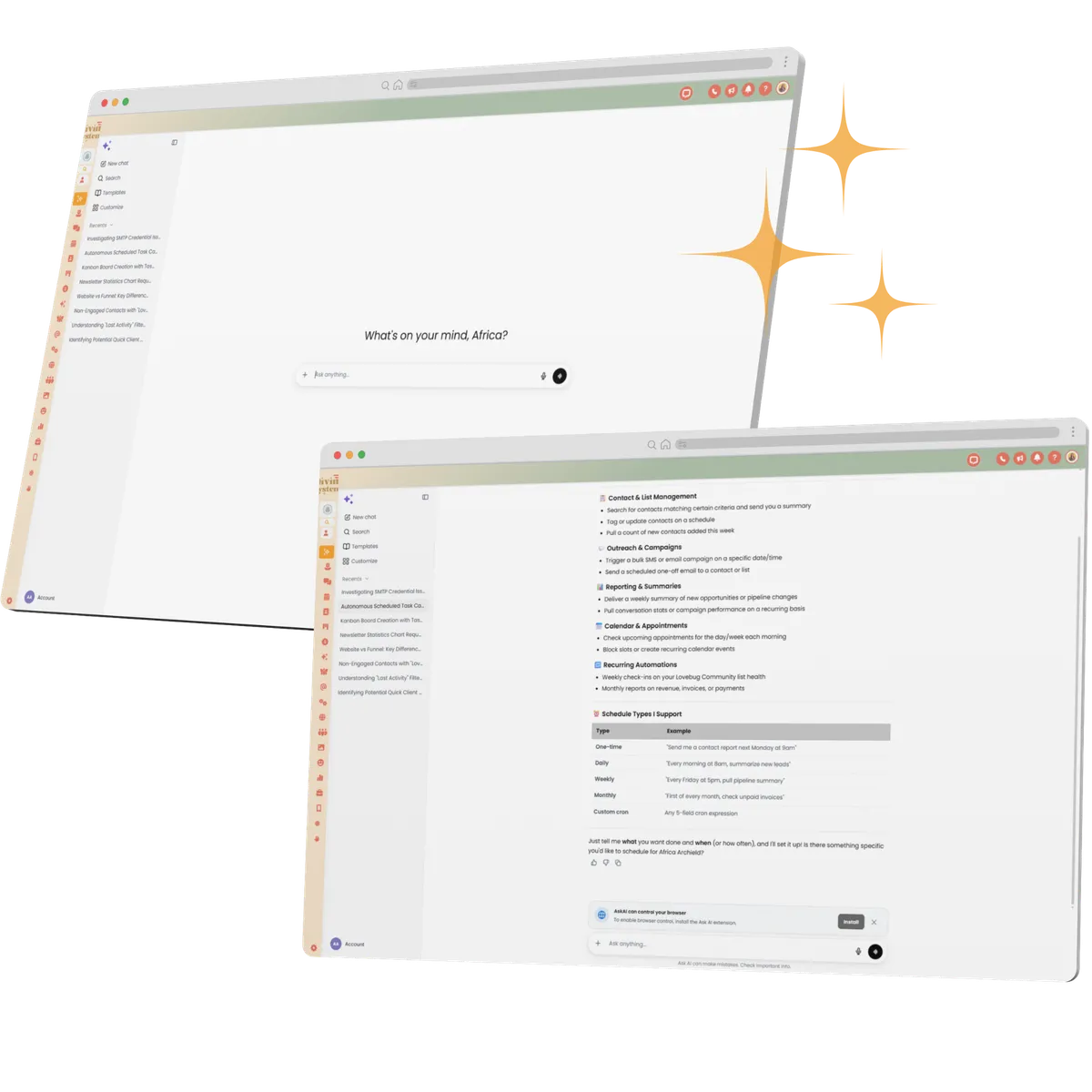 Ask AI assistant answering business questions inside Divine Systems