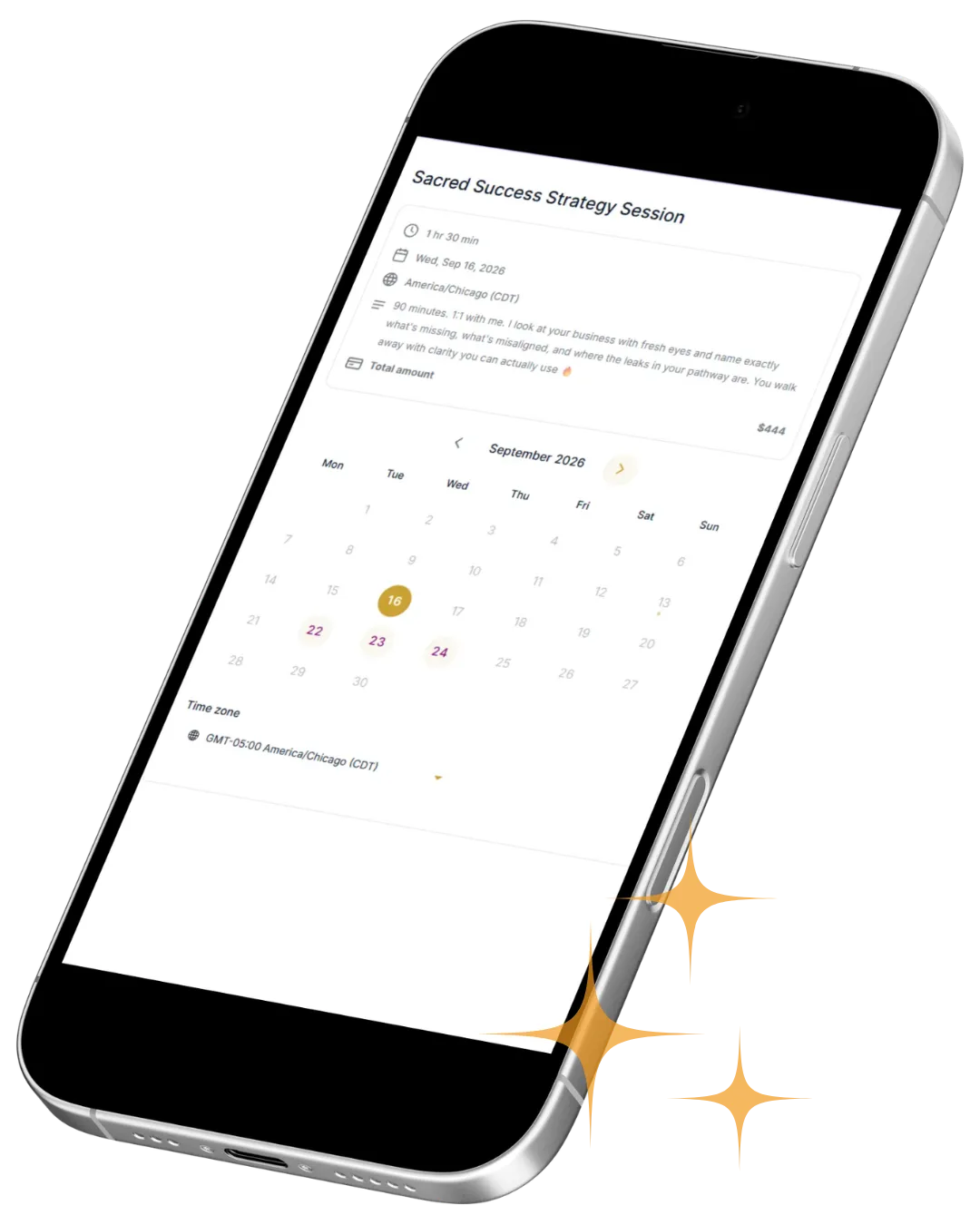 Sacred Success Strategy Session booking calendar on mobile