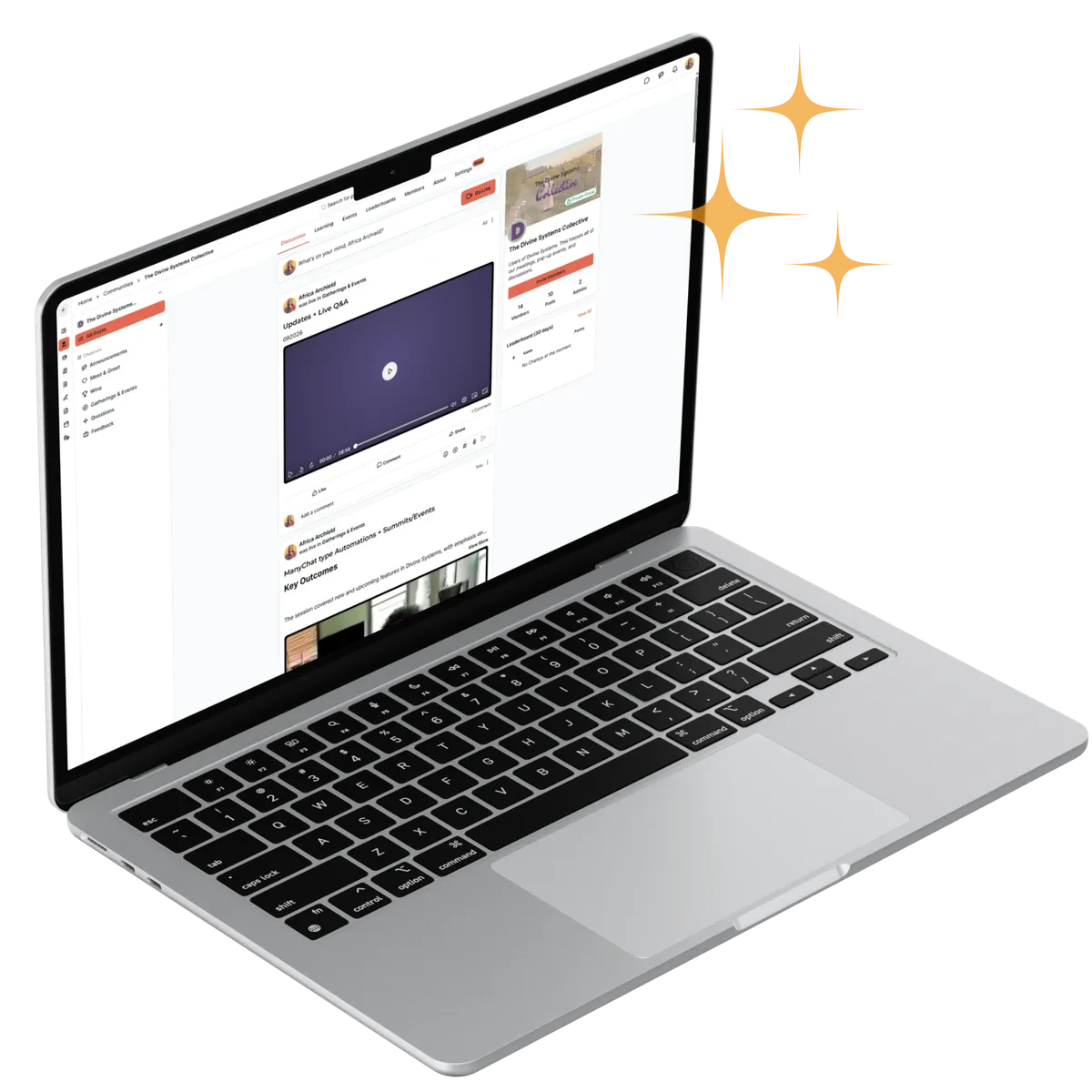 Divine Systems Collective community screen showing member discussions and events