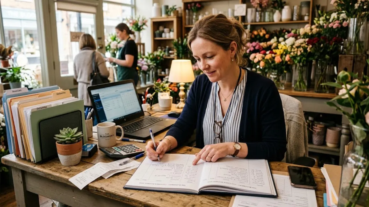 Small business owner at desk analyzing customer database records for small business revenue growth consulting