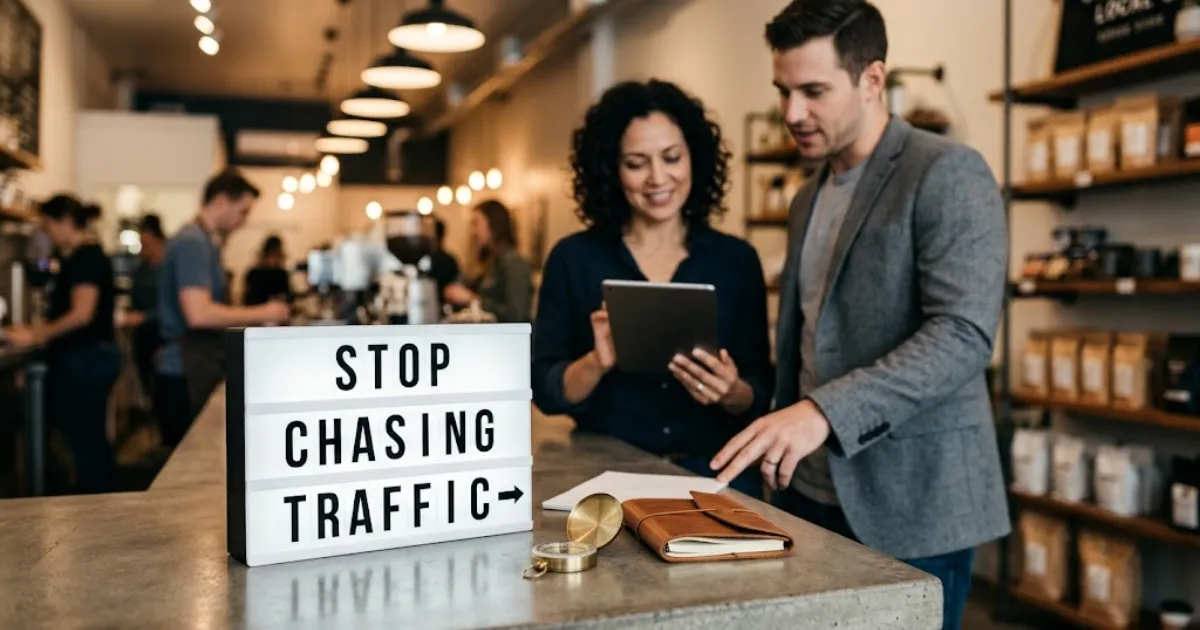Small business owner reviewing sales totals and order sizes at a counter