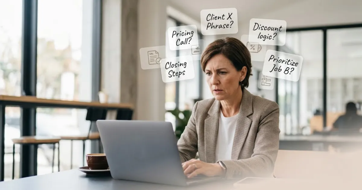 Small business owner writing out a step-by-step process on a notepad at their desk
