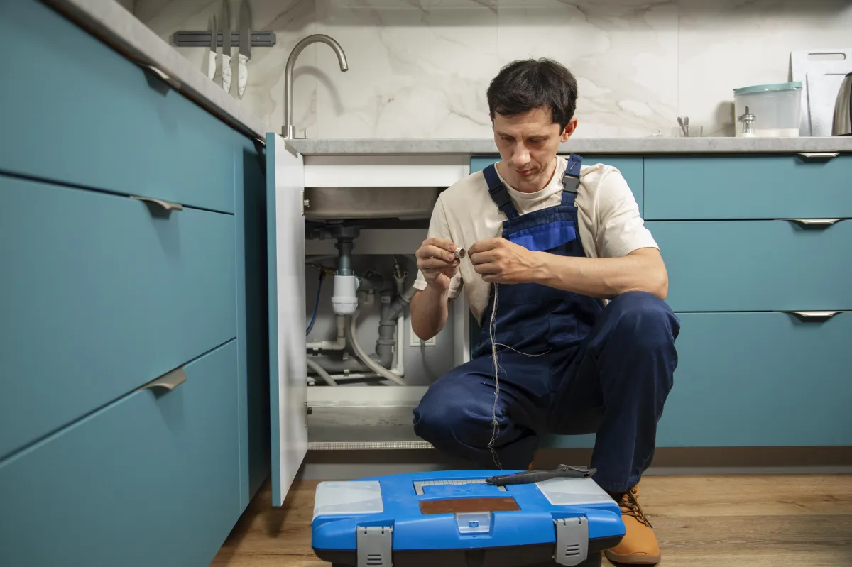 Plumber in blue overalls using smartphone while inspecting plumbing under sink, emphasizing emergency plumbing services and immediate assistance.