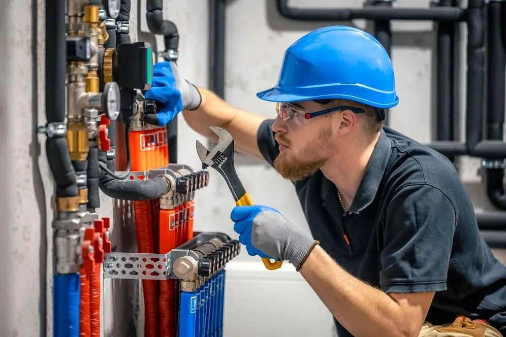 Plumber in blue hard hat using wrench on plumbing system, emphasizing emergency plumbing services and expertise in repairs.