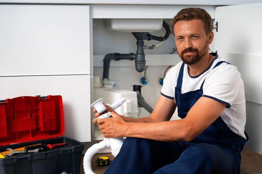 Plumber sitting on the floor near a sink, holding plumbing pipe, with tools and a toolbox nearby, emphasizing plumbing maintenance and repairs.