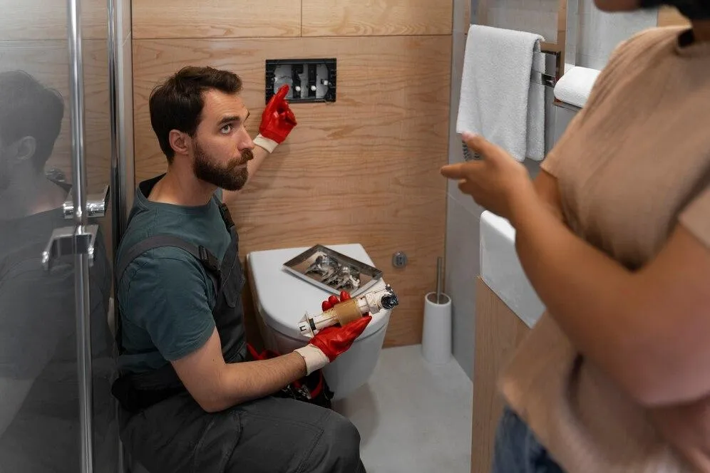Plumber in bathroom assessing toilet fixture, holding repair tools, discussing installation options with client.