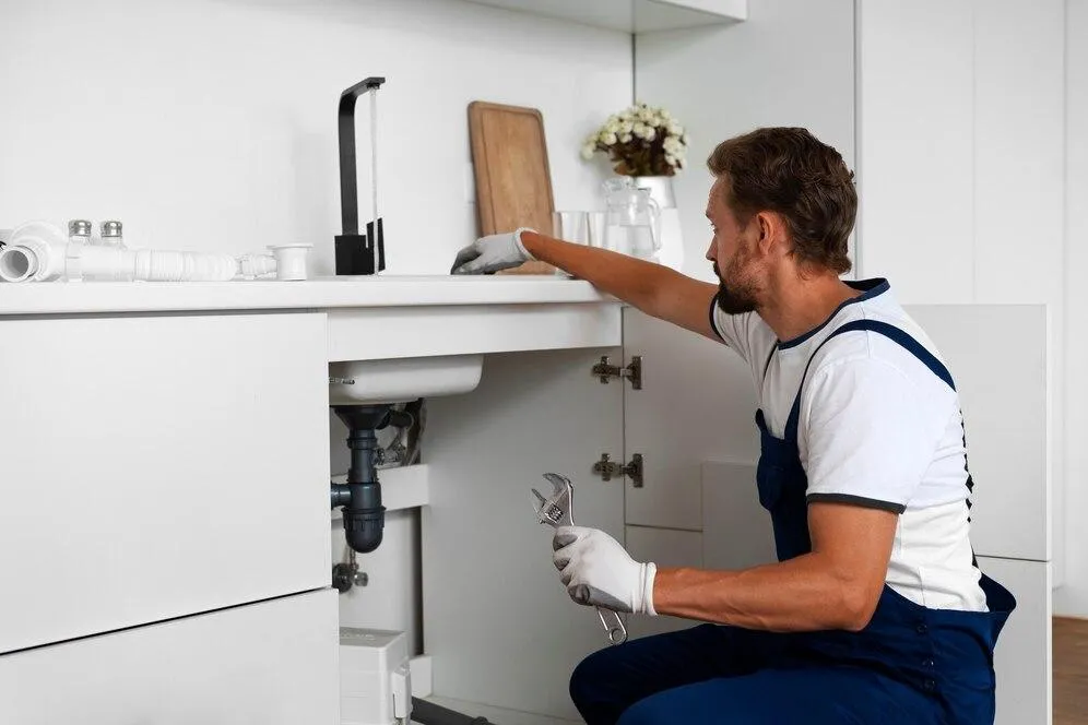 Professional plumber repairing kitchen sink fixtures with tools in a modern white cabinetry setting.