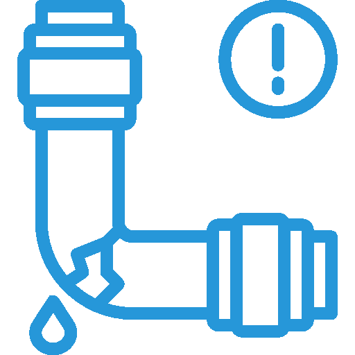 Leaking pipe with warning symbol indicating urgent plumbing issue related to burst pipes and water damage.