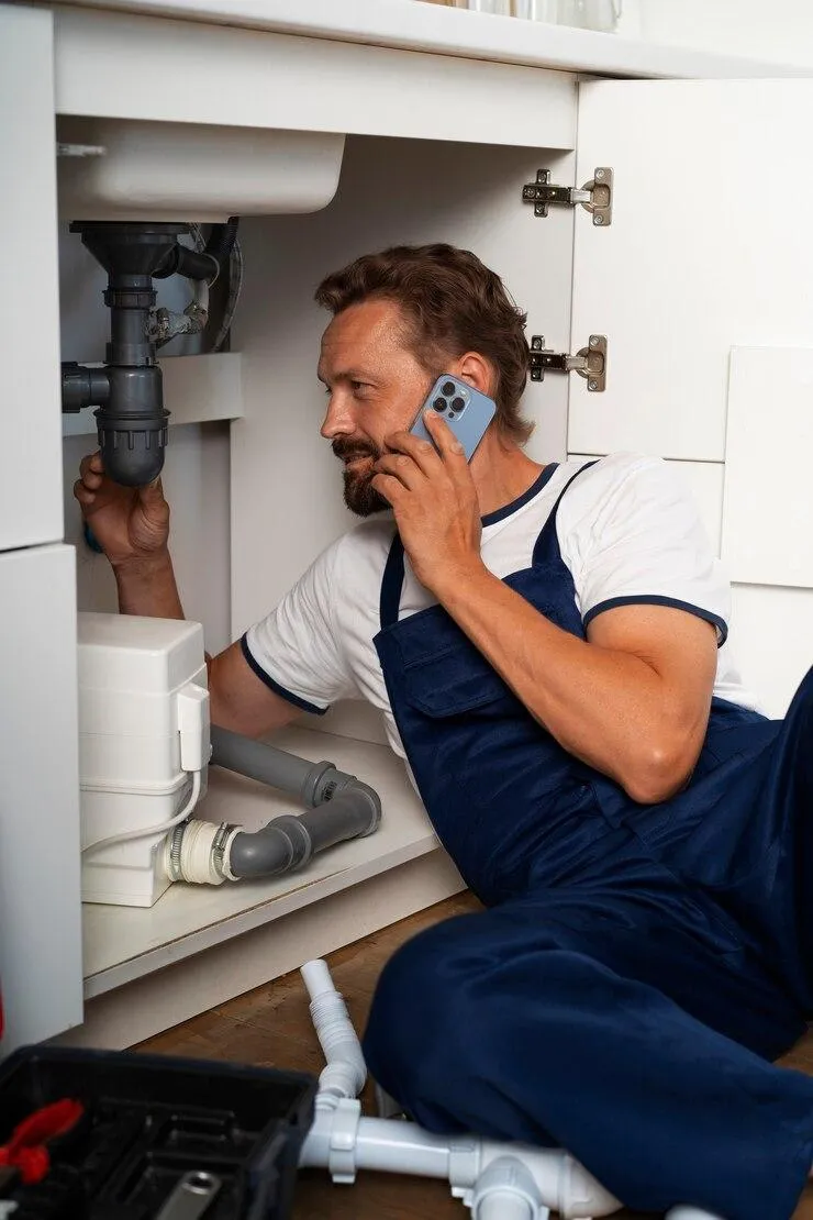 Plumber in blue overalls using smartphone while inspecting plumbing under sink, emphasizing emergency plumbing services and immediate assistance.