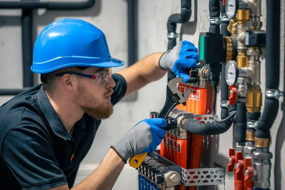 Plumber in blue hard hat and gloves repairing boiler system components with adjustable wrench, emphasizing efficient heating solutions for commercial properties.