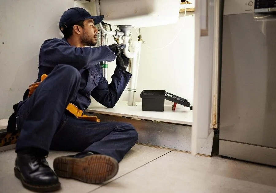 Plumber inspecting under sink for leaks, equipped with tools, emphasizing leak detection and repair services by Brother’s Services Plumbing.