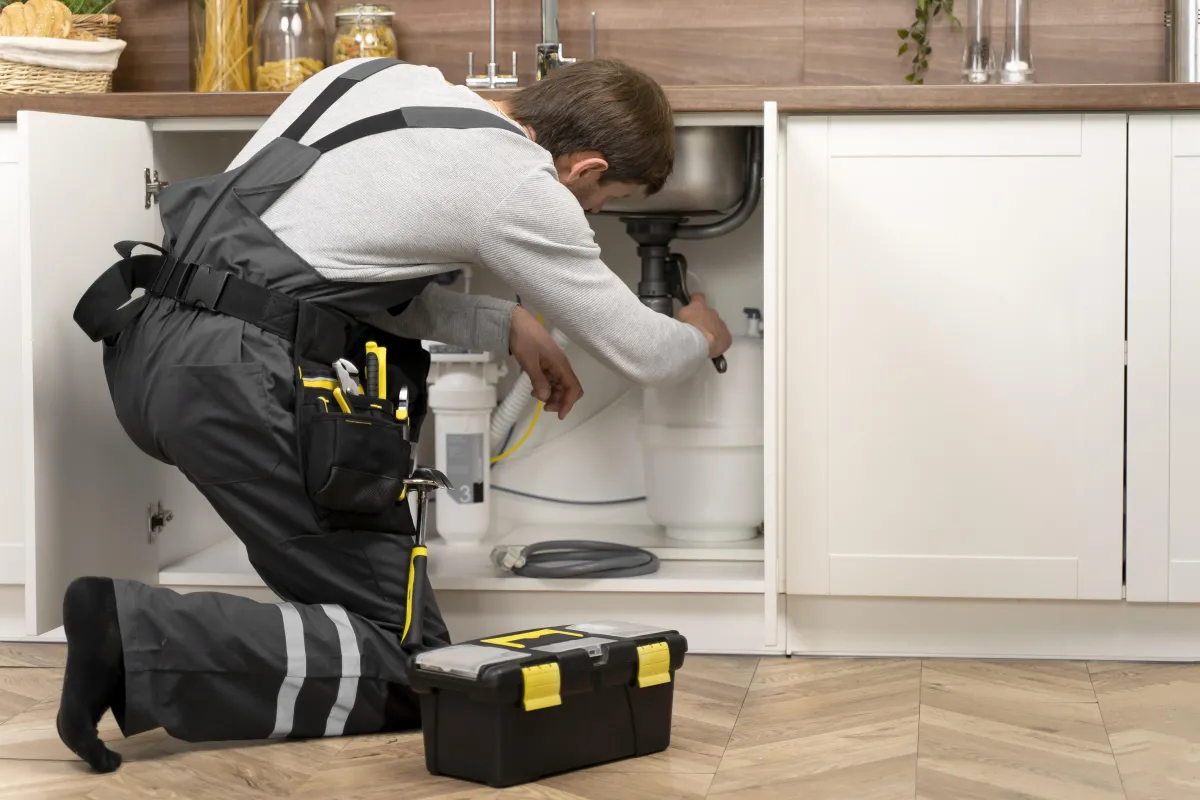 Plumber in work attire kneeling under a kitchen sink, repairing plumbing with tools, emphasizing emergency plumbing services and efficient repairs.