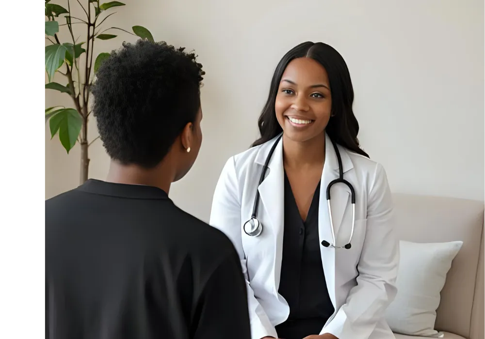 A doctor with a stethoscope talks to a patient in a medical office, both seated and facing each other.