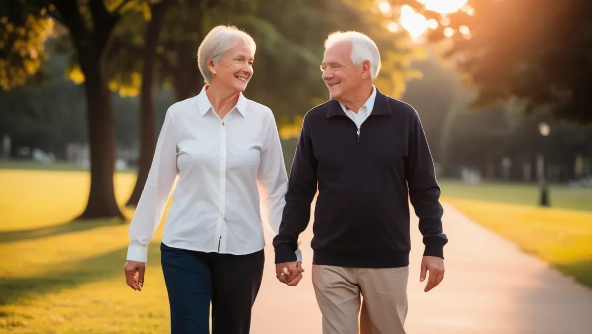 Casal saudável caminhando ao ar livre