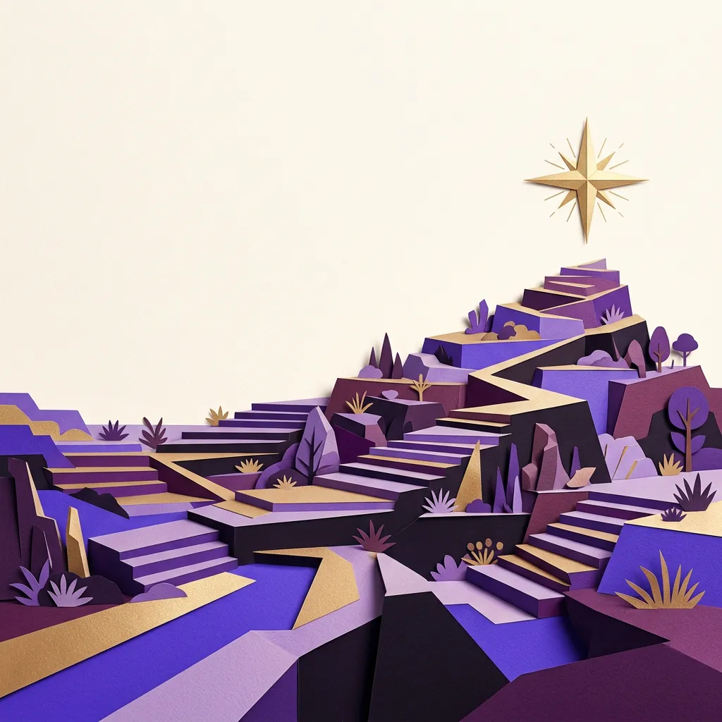 Layered paper terraces rising to a compass star