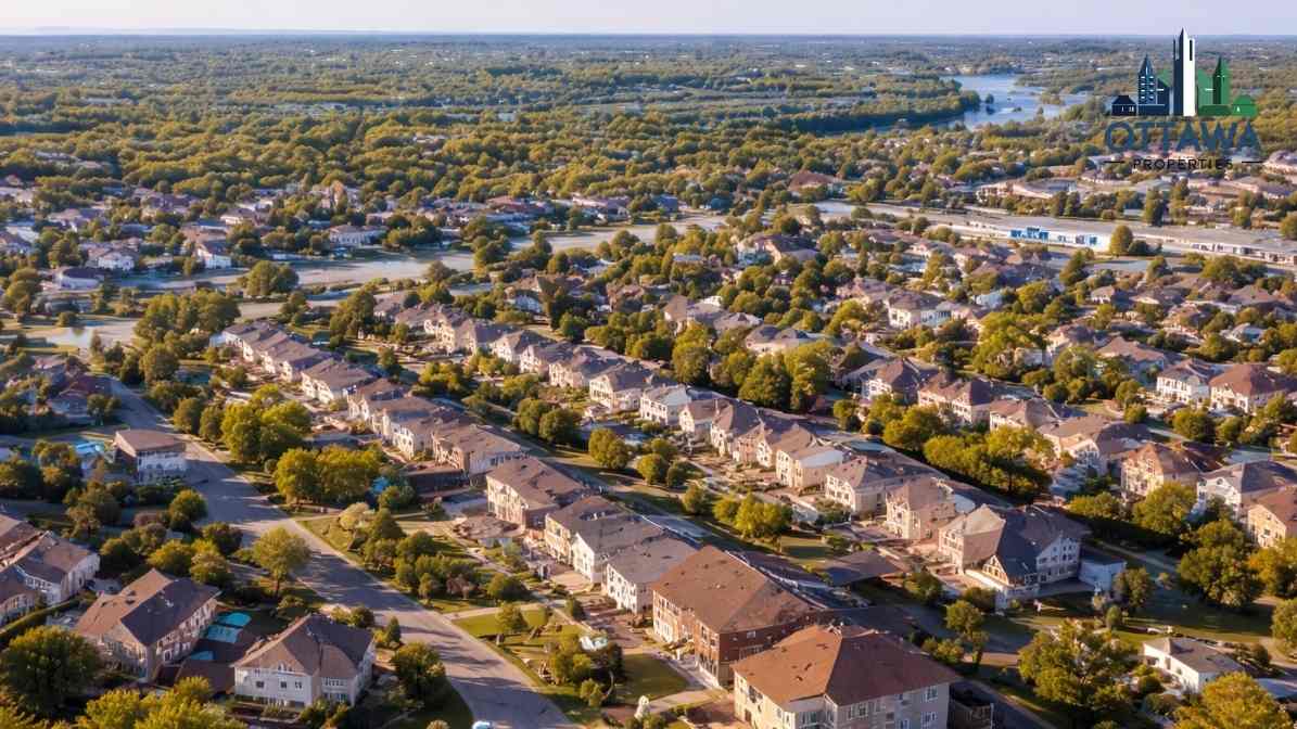 Aerial view of residential neighborhoods in Ottawa showcasing diverse housing styles, tree-lined streets, and proximity to green spaces, emphasizing community living and lifestyle options for potential home buyers.
