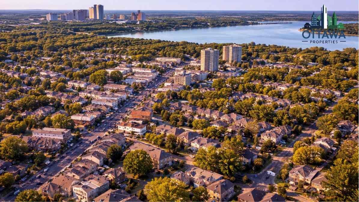 Aerial view of Ottawa neighborhoods featuring residential homes, trees, and high-rise buildings near a lake, representing the diverse communities within Ottawa Properties.