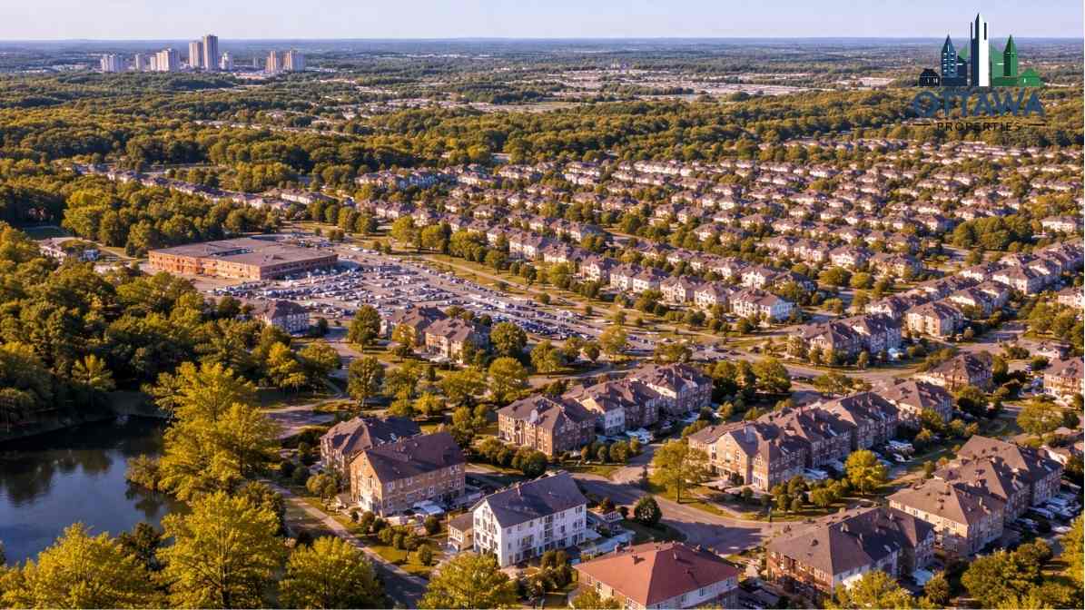 Aerial view of suburban Ottawa neighborhood featuring residential buildings, tree-lined streets, and commercial area, highlighting community appeal for potential home buyers.
