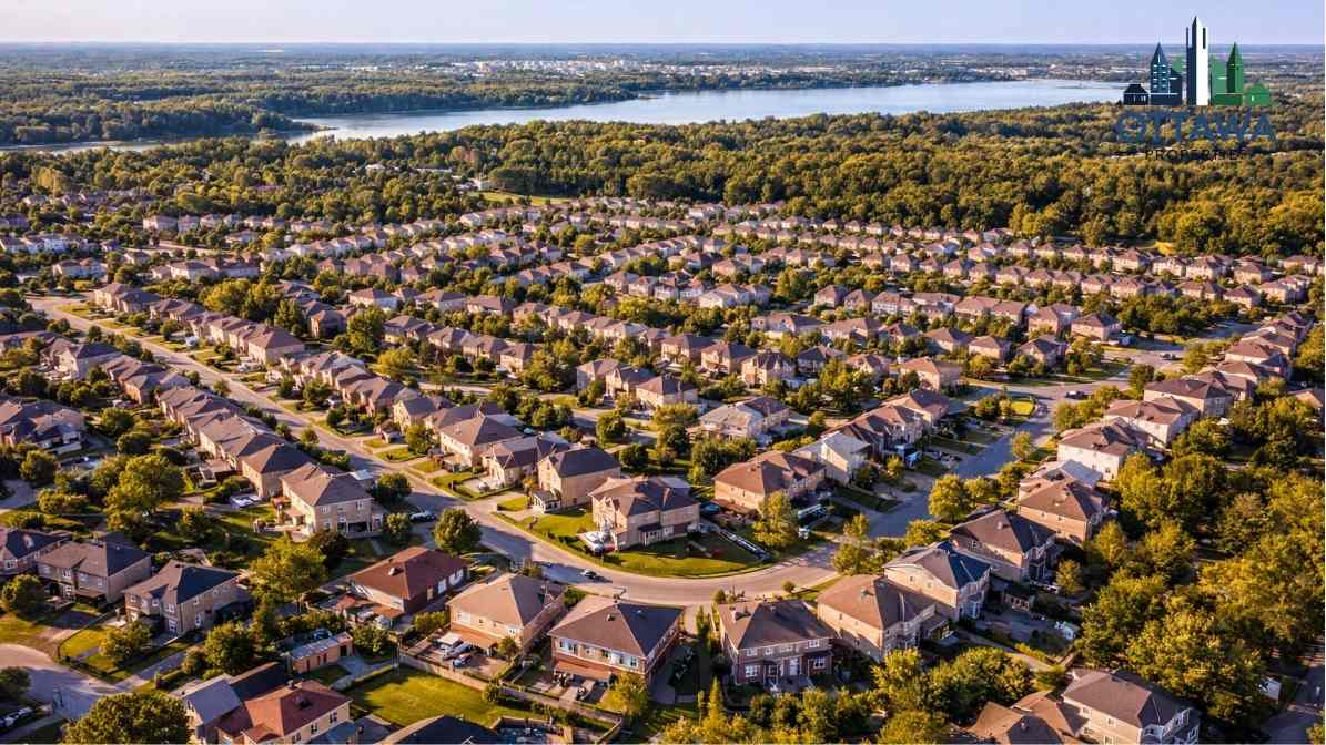 Aerial view of suburban Ottawa neighborhood showcasing rows of houses, green trees, and nearby water, representing family-friendly living options in areas like Kanata and Barrhaven.