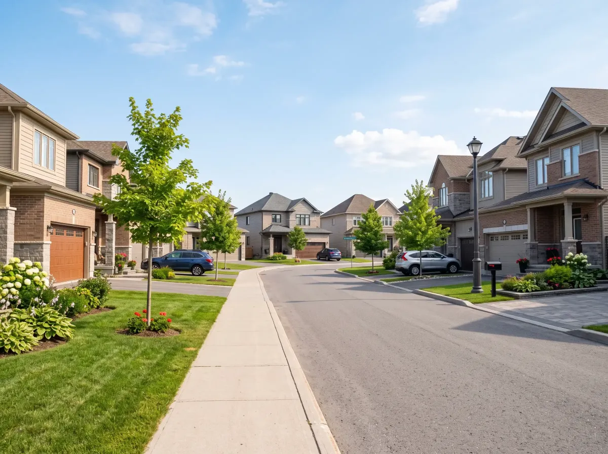 Sunny street of newer detached family homes with double garages in Orleans, east Ottawa