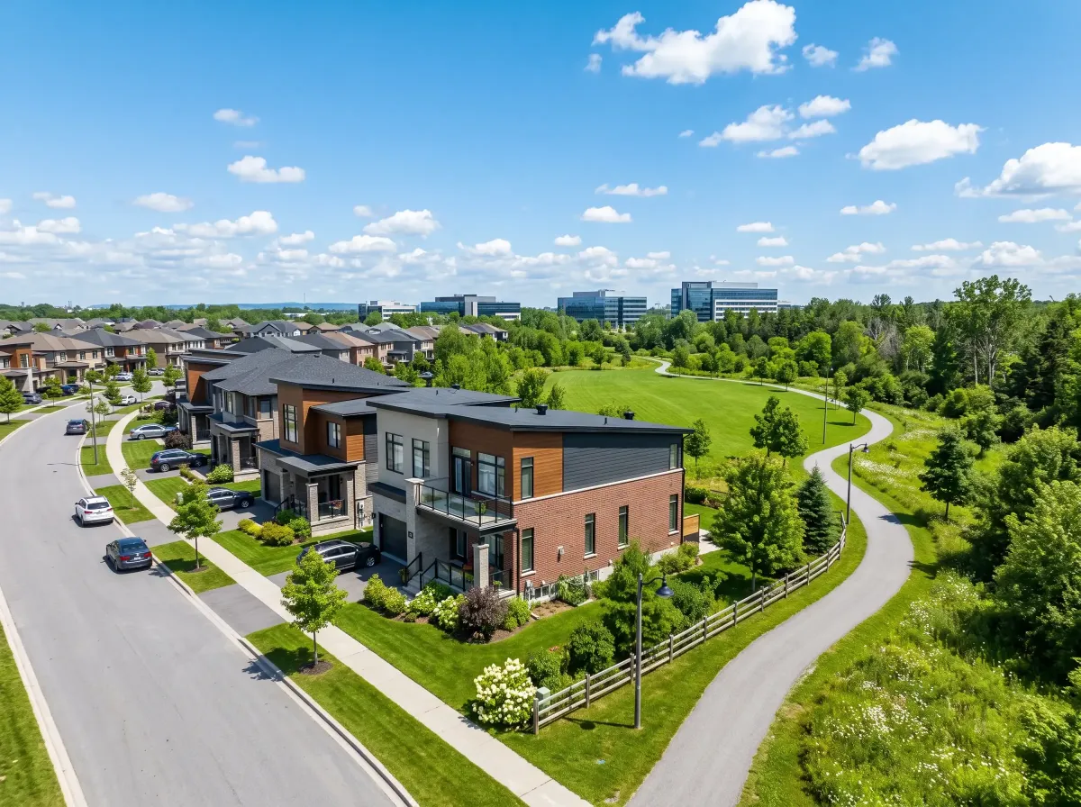 Modern suburban homes beside green space and a walking path in Kanata, west Ottawa