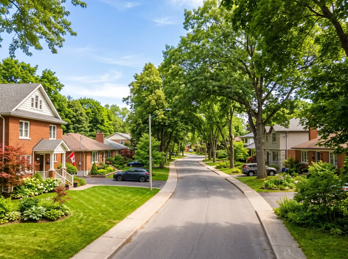 Established leafy street with mature trees and mixed home styles in Nepean, southwest Ottawa