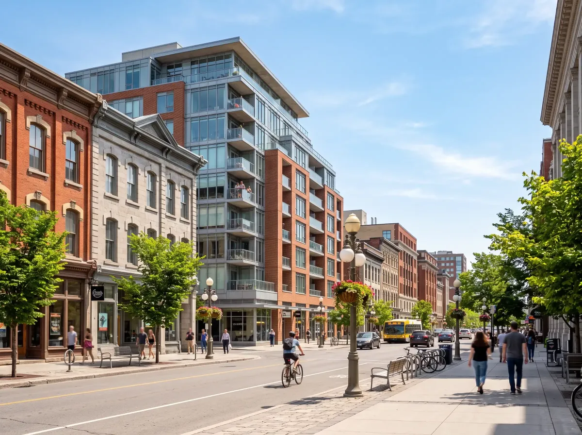 Downtown Ottawa streetscape with mid-rise condos and heritage buildings