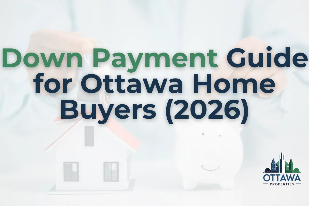 Person saving coins in a piggy bank beside a model home and house keys, representing down payment savings for an Ottawa home purchase