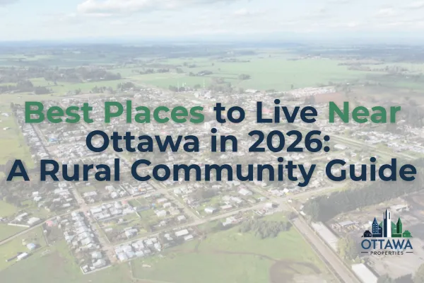 Aerial view of a rural community near Ottawa showing farmland and small town streets