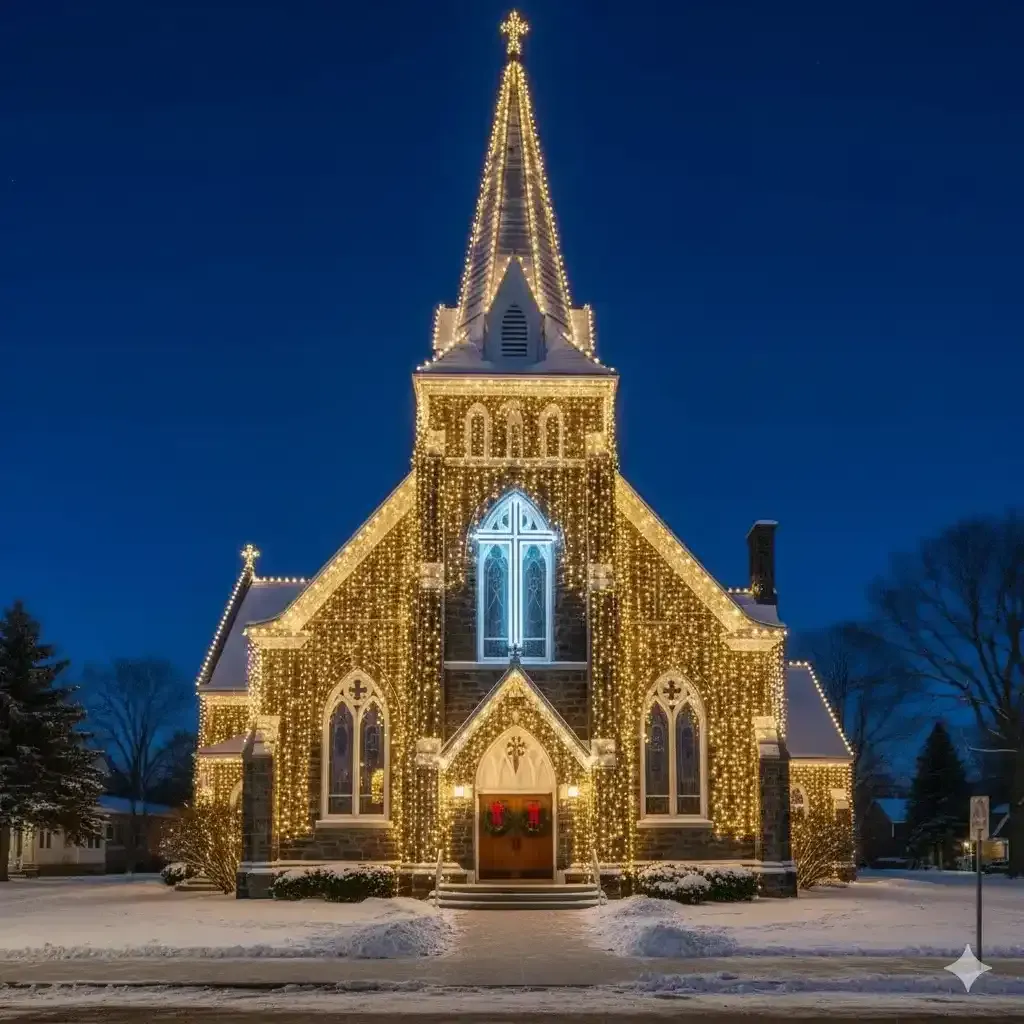 Majestic church nativity backdrop decor depicting the holy scene with radiant lights and divine Christmas spirit.