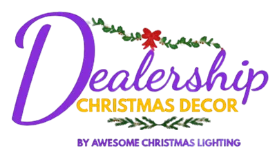 Captivating outdoor holiday lighting design turning dealership entrances into dazzling festive attractions with professional Christmas decor.