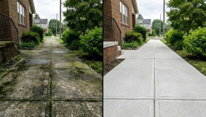 Green algae and moss on a concrete driveway in Hudson, Ohio.