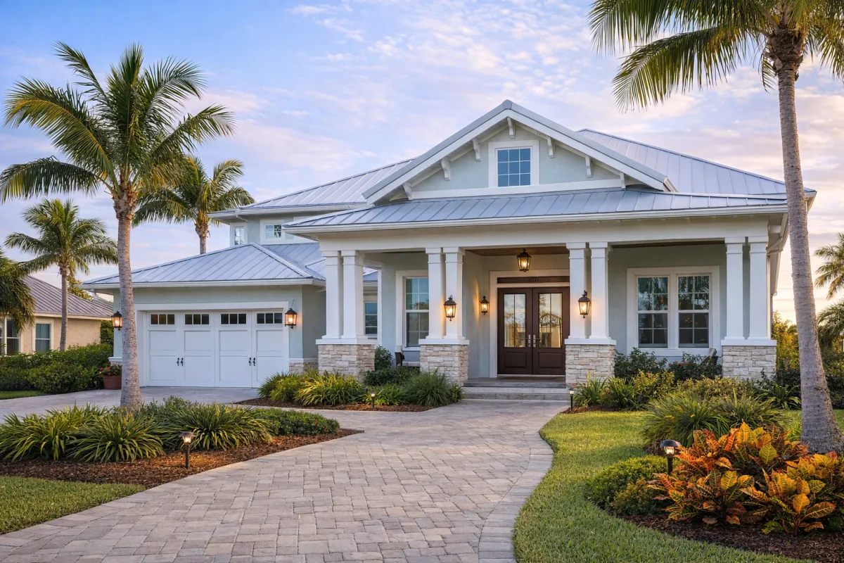 Southwest Florida coastal home exterior with palm trees – mortgage financing in FL