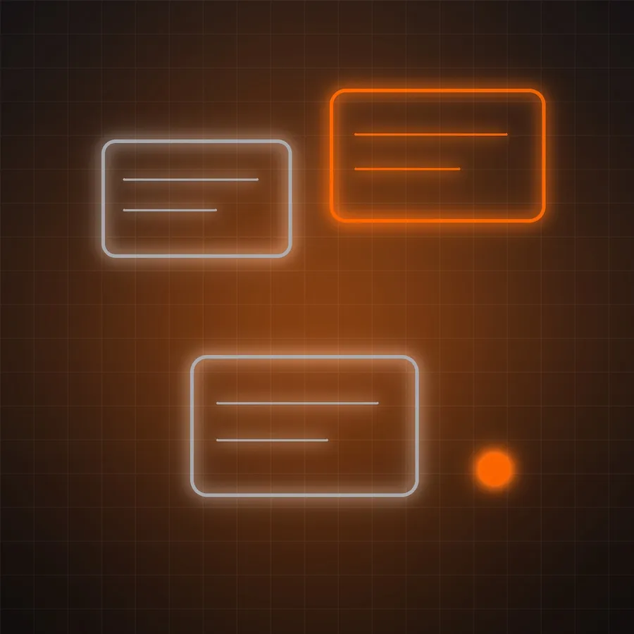 A glowing digital interface with multiple neon pink and blue UI panels floating in a 3D grid, all connected to a central light source on a dark futuristic background.
