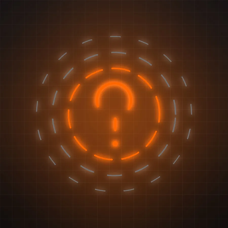 A neon purple question mark centered within multiple concentric circular rings on a dark techno-style background.