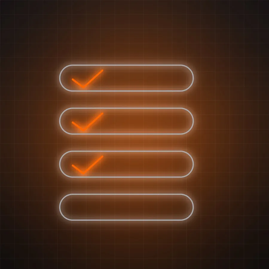 A glowing purple checkmark inside a rounded square icon, surrounded by additional faint checkmarks floating in a dark digital environment.