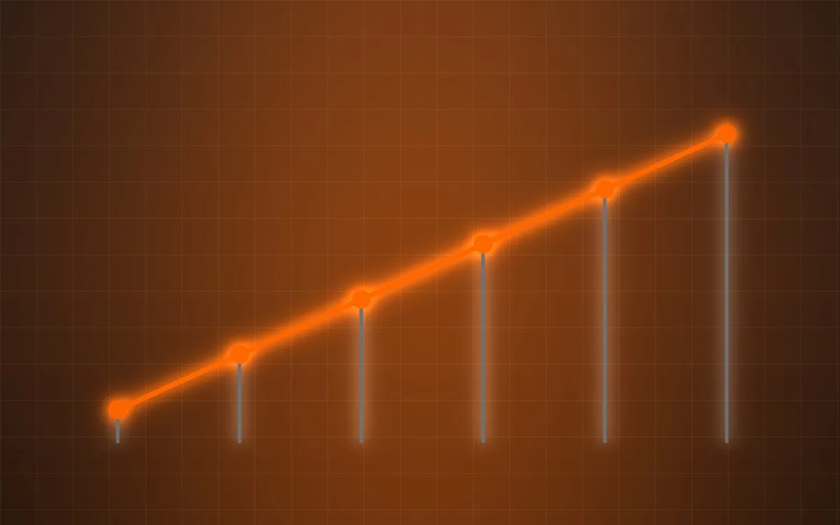 A neon gradient arrow graph rising upward on a dark background, symbolizing growth and increasing performance, with purple and blue glowing lines.