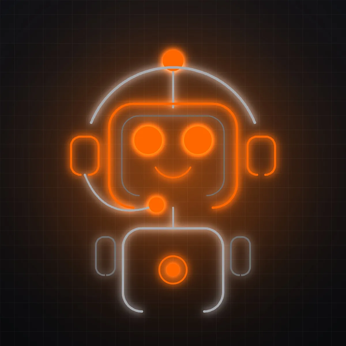 A young man holding a smartphone stands face-to-face with a humanoid robot, both lit by dramatic purple and blue lighting, suggesting a moment of communication or collaboration.
