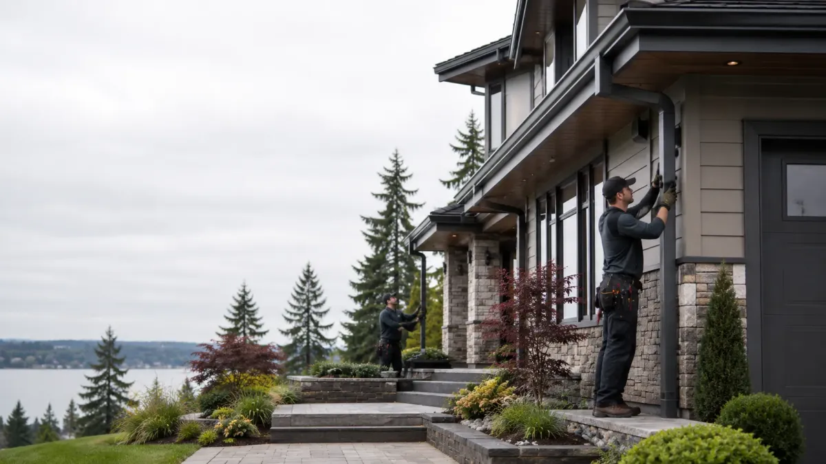 Upscale Redmond home with installers fitting oversized downspouts on a seamless gutter system with clean rooflines and landscaped curb appeal.