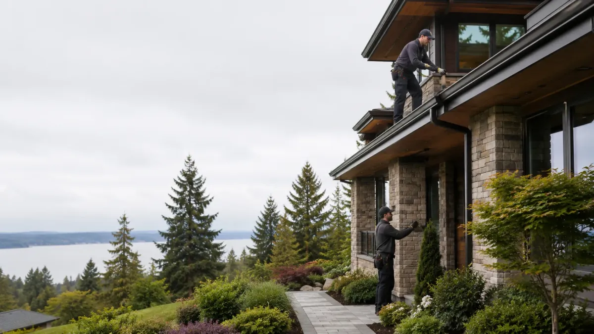Technician cleaning leaves and pine needles from seamless gutters on a luxury Redmond home surrounded by evergreen trees.