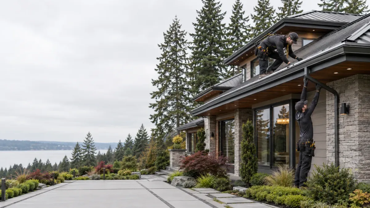 Premium Redmond residence with technicians installing gutter guards on seamless gutters beside mature Pacific Northwest evergreens.