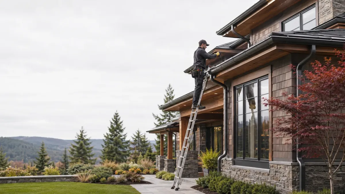 Elegant Redmond custom home featuring half-round gutters, premium downspouts, cedar accents, stone details, and landscaped curb appeal.